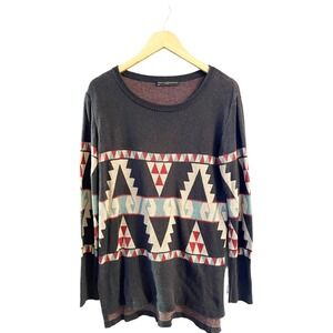 PERUVIAN CONNECTION Knit Sweater Crew Neck Gray Brown Aztec Print Cotton Small